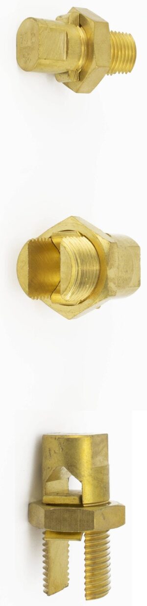 Type B brass split bolt clamp shown from three angles