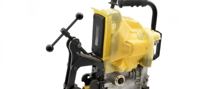 Side view of Cembre battery rail drill and clamping assembly