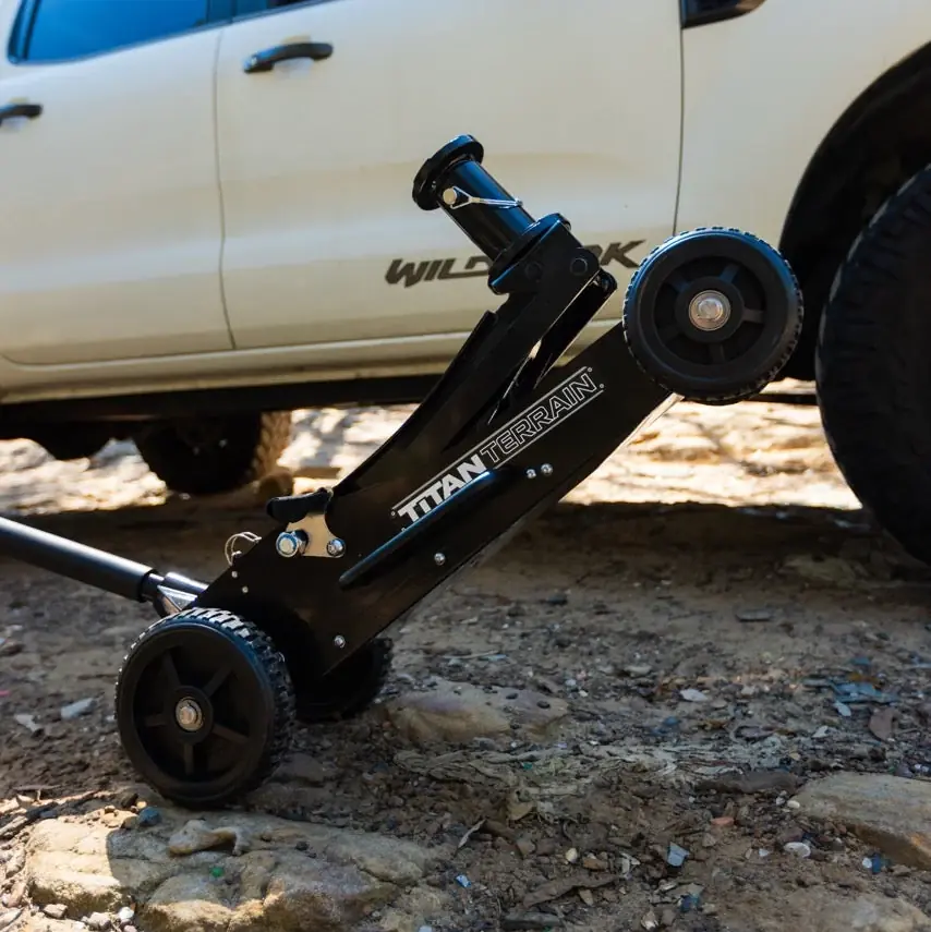 Titan Terrain rugged floor jack on rough ground