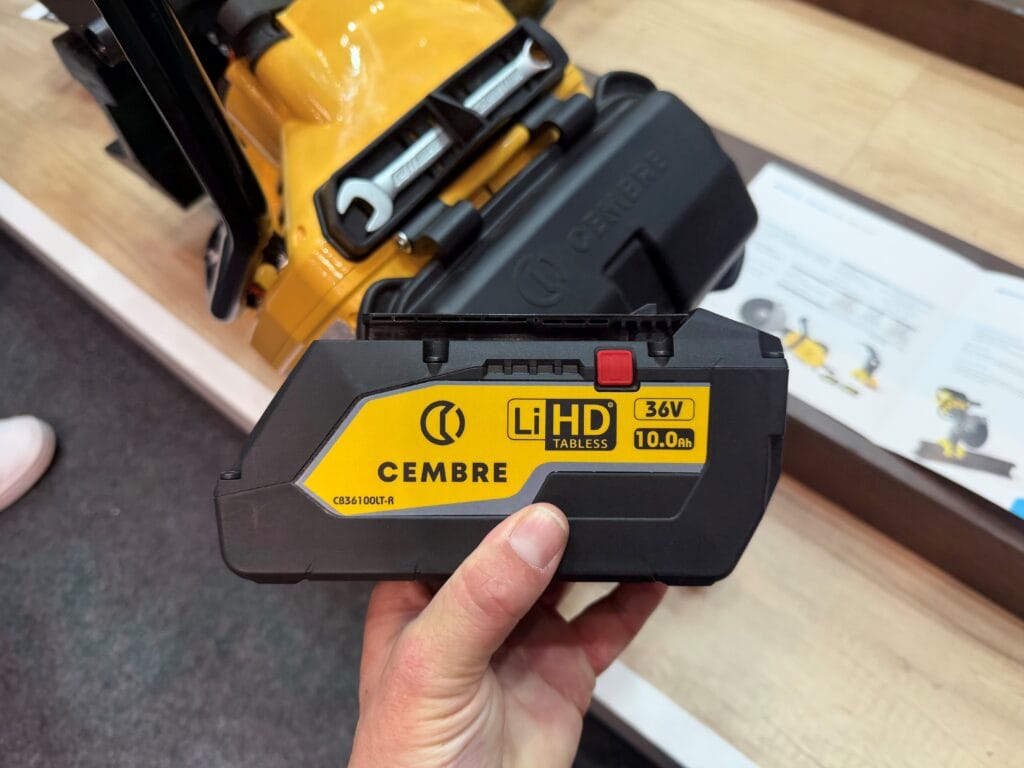 Close-up of a Cembre CB36100LT-R battery labelled LiHD tabless, 36V and 10.0Ah