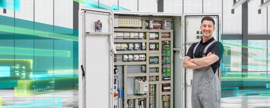 Phoenix Contact control cabinet with an engineer beside the open cabinet